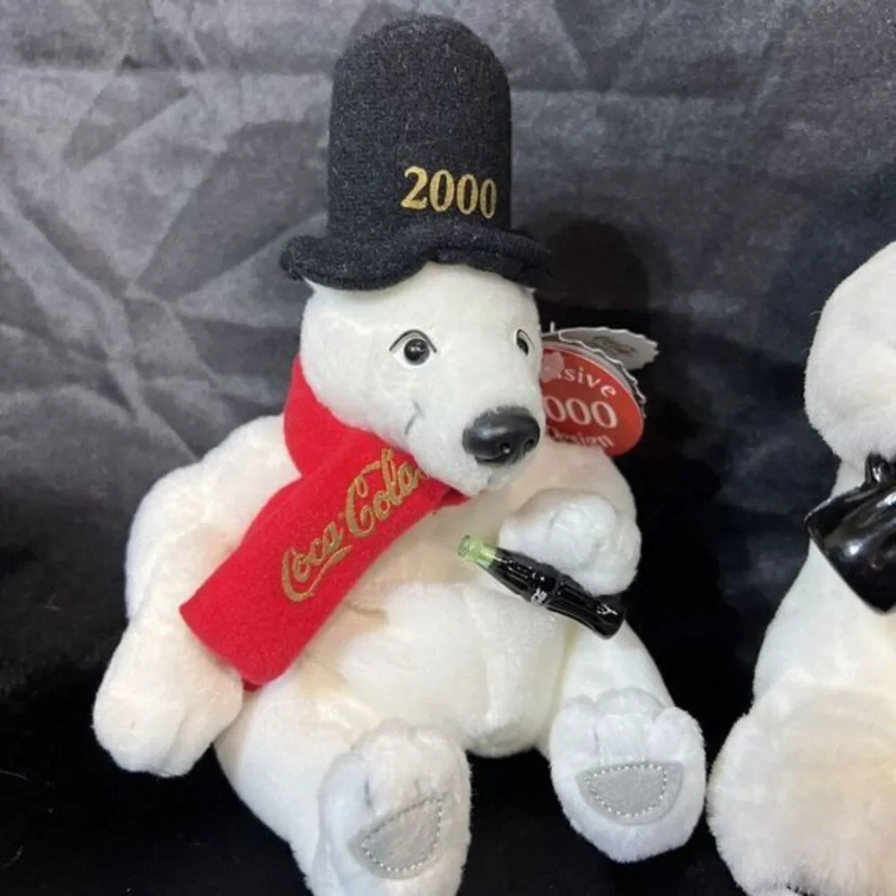 coca cola. vintage ‎ BRAND Plush Polar Bears with scarf both holding bottles